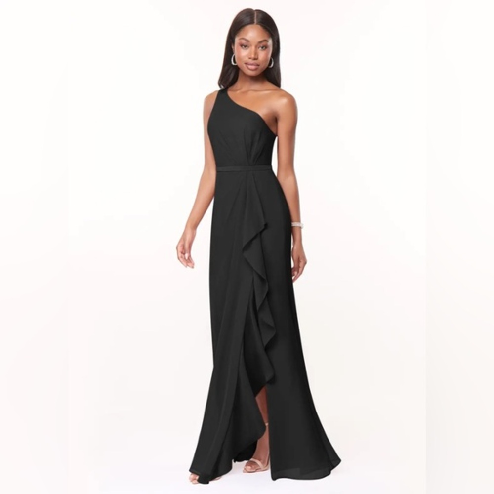 Azazie Liza Black Mermaid One Shoulder Chiffon Dress A2